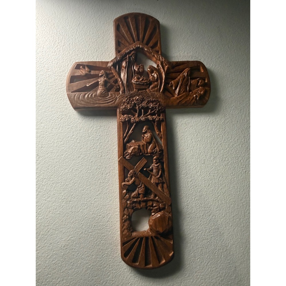 Hand Carved Wood Life of Christ Wall Cross Religious Nativity Crucifixion Decor